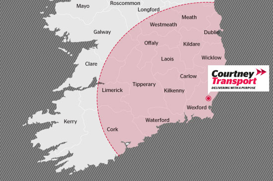 Delivery and transport service map between Wexford, Dublin, Cork, Limerick, Tipperary, Offaly, Wicklow, Wexford, Waterford, Carlow, Kilkenny, Kildare, Offaly, Laois, Westmeath, Ireland.